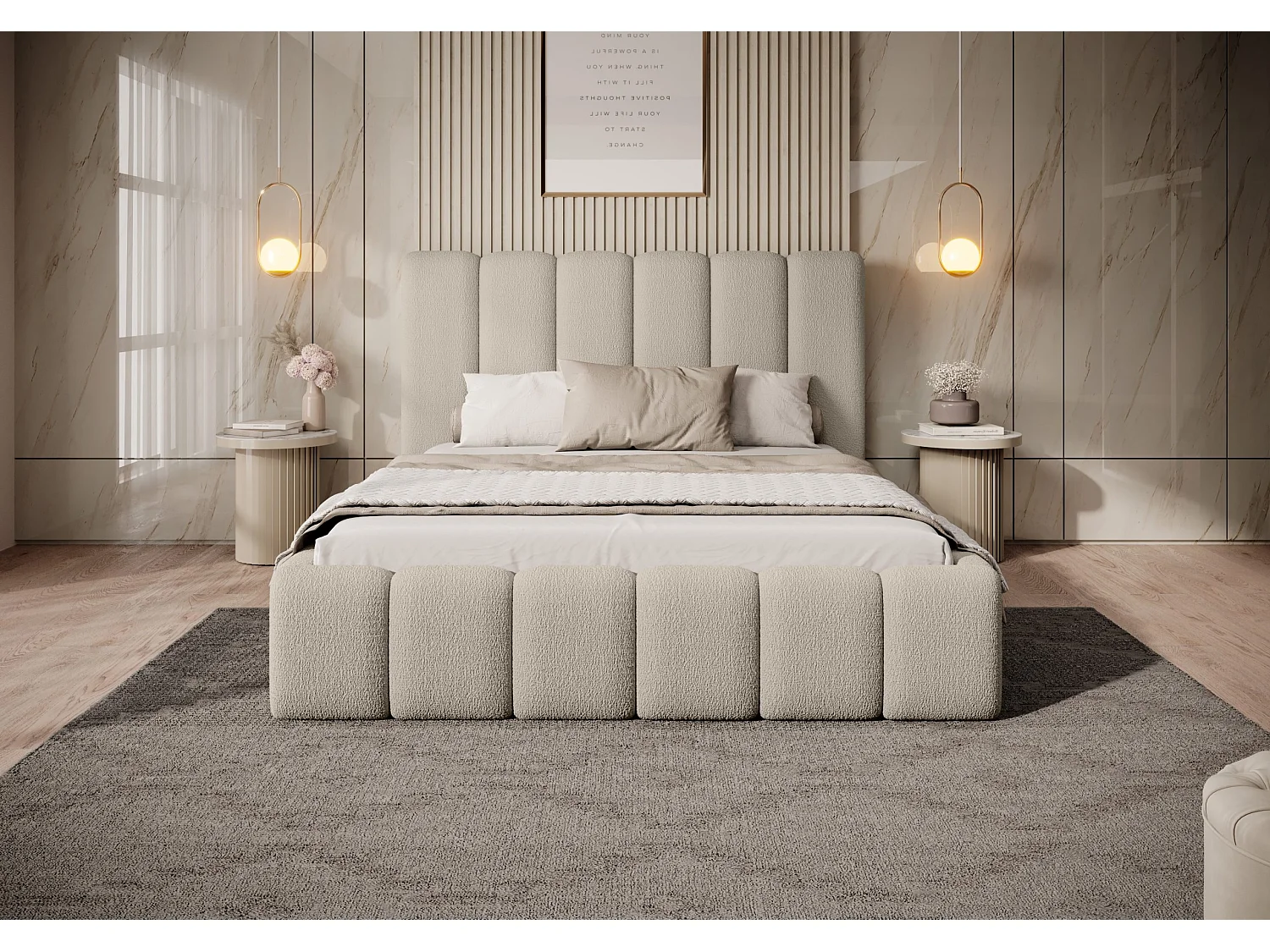 LIT REMBOURRÉ avec coffre et matelas Andorf 200x200 cm, Beige clair (Abriamo 3 – Bouclé)