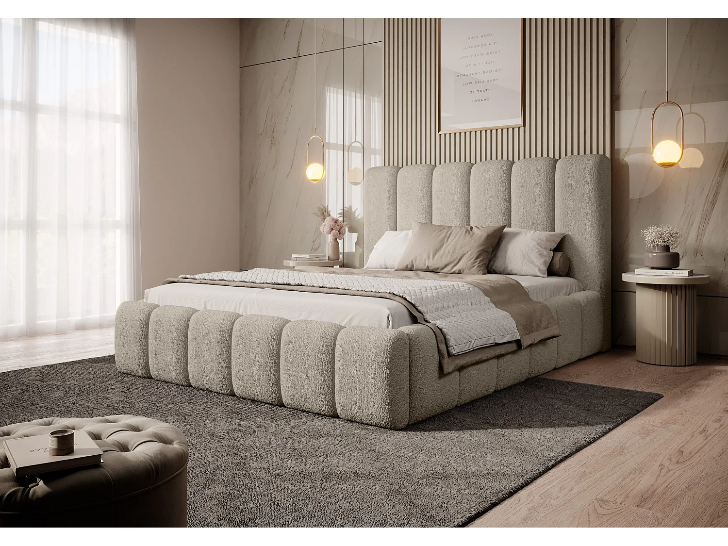 LIT REMBOURRÉ avec coffre et matelas Andorf 200x200 cm, Beige clair (Abriamo 3 – Bouclé)