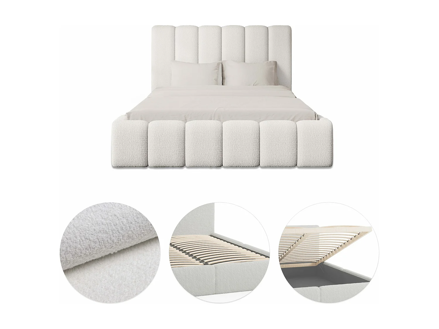 LIT REMBOURRÉ avec coffre Andorf 140x200 cm, Blanc (Abriamo 4 – Bouclé)