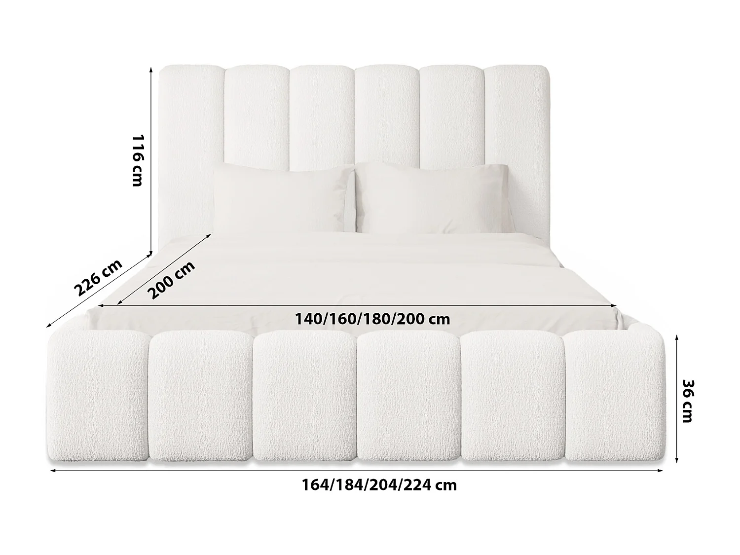 LIT REMBOURRÉ avec coffre Andorf 140x200 cm, Blanc (Abriamo 4 – Bouclé)