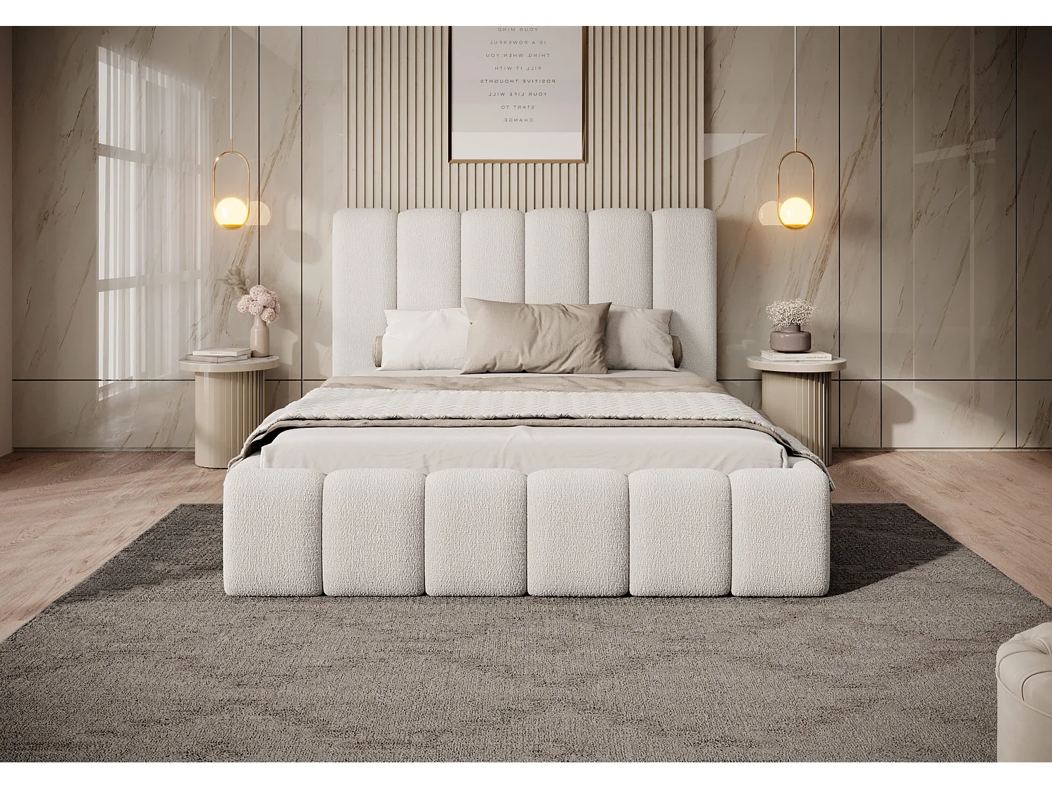 LIT REMBOURRÉ avec coffre Andorf 140x200 cm, Blanc (Abriamo 4 – Bouclé)