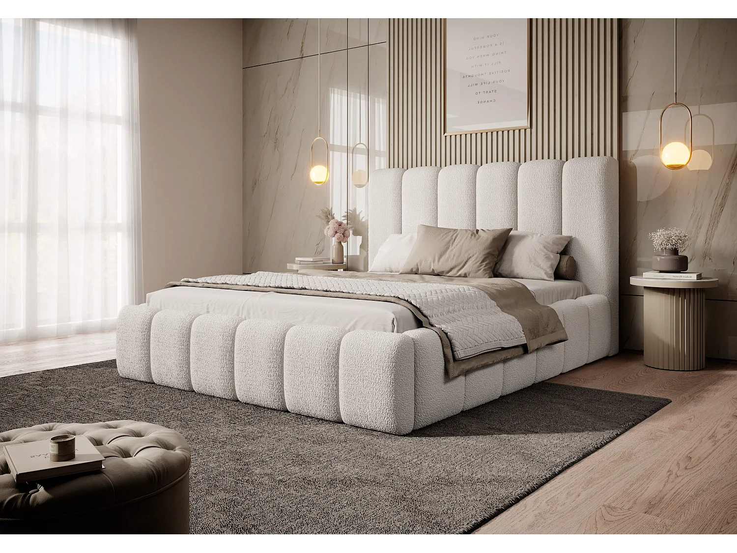 LIT REMBOURRÉ avec coffre Andorf 140x200 cm, Blanc (Abriamo 4 – Bouclé)