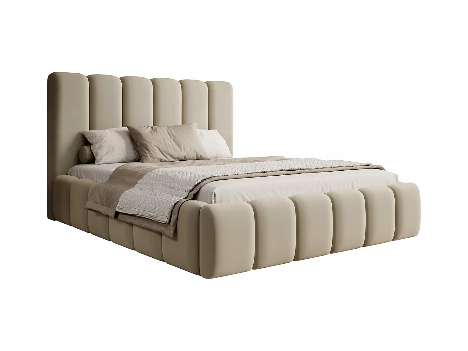 LIT TAPISSÉ avec coffre de rangement et matelas Rimini Beige foncé 160x200 cm