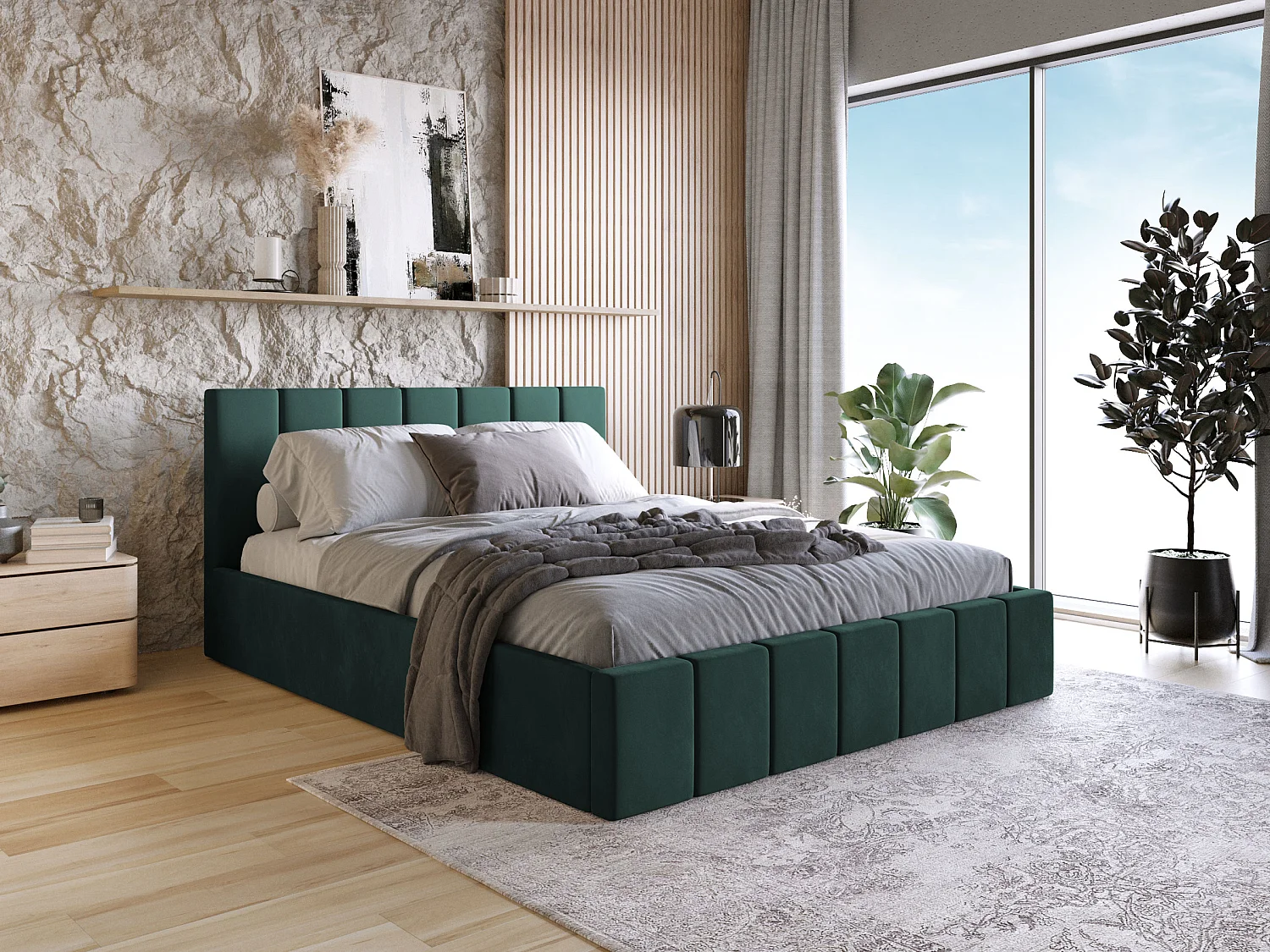 LIT TAPISSÉ Tissu Velvet Matelas Karpela 120x200 cm, Vert foncé