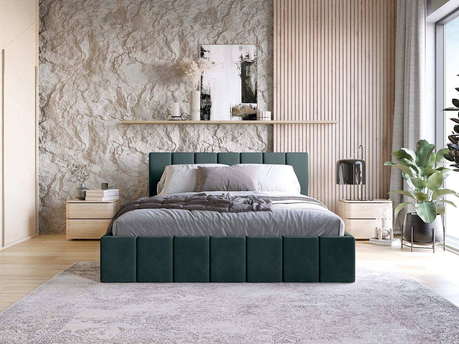 LIT TAPISSÉ Tissu Velvet Matelas Karpela 120x200 cm, Vert foncé