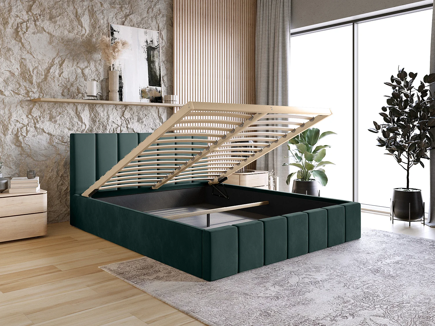 LIT TAPISSÉ Tissu Velvet Matelas Karpela 120x200 cm, Vert foncé