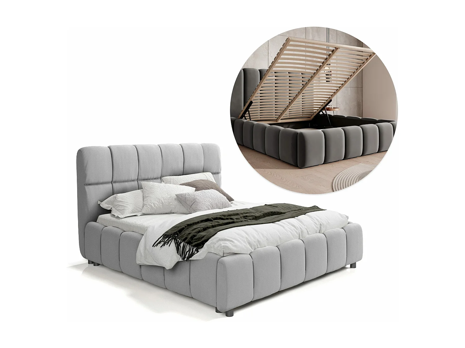 LIT TAPISSÉ avec coffre de lit Sardinia 160x200 cm, gris (Magic Velvet 2240)