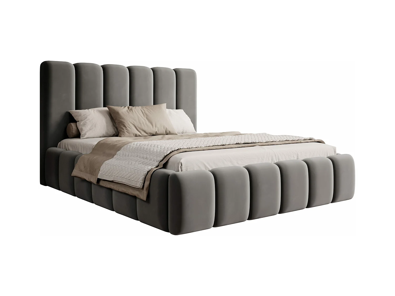 LIT TAPISSÉ avec coffre de rangement et matelas Rimini Gris 160x200 cm