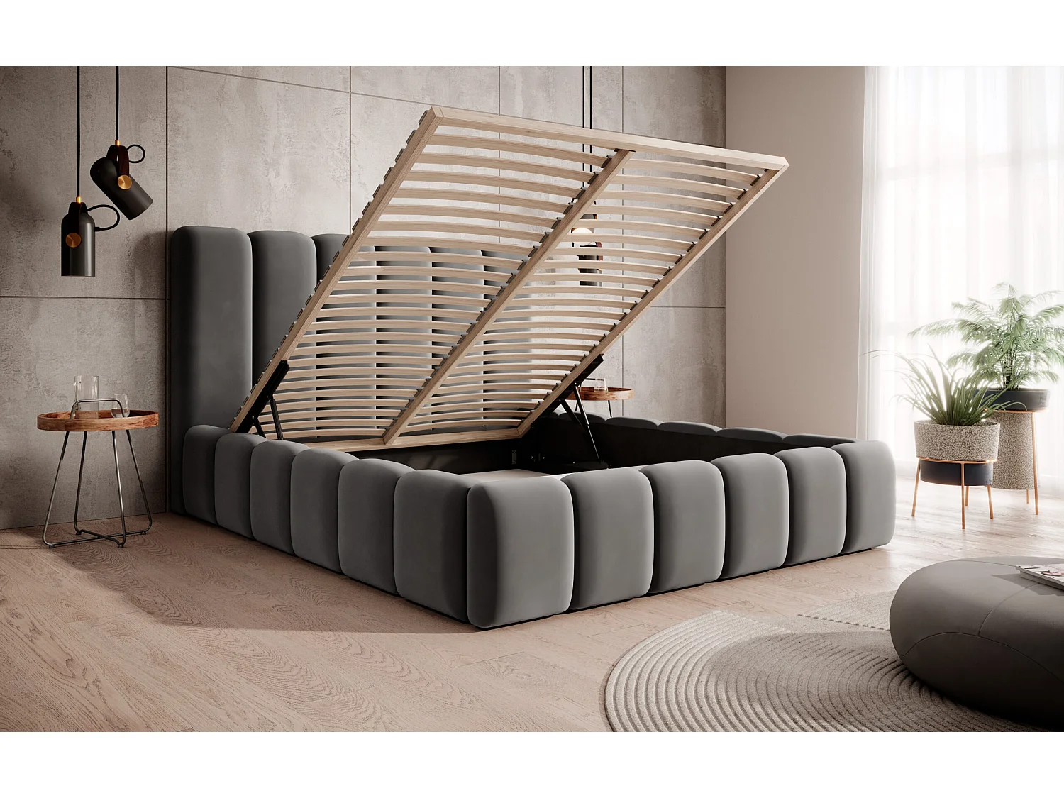 LIT TAPISSÉ avec coffre de rangement et matelas Rimini Gris 160x200 cm