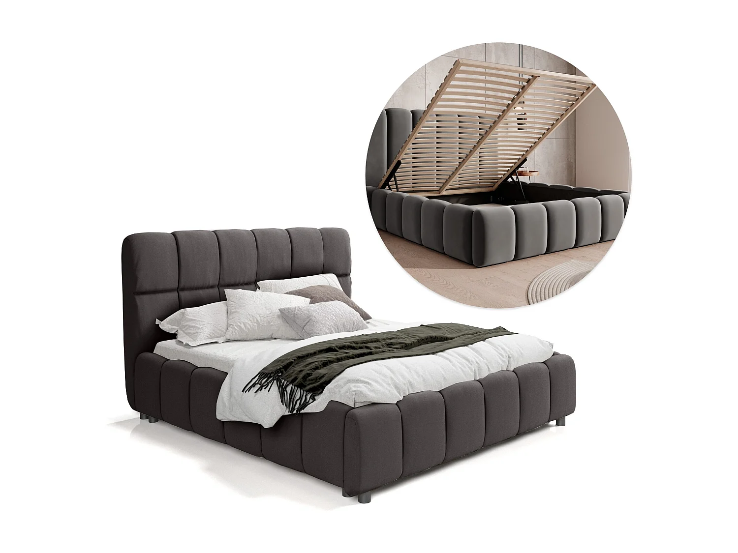 LIT TAPISSÉ avec coffre de lit Sardinia 180x200 cm, gris foncé (Magic Velvet 2273)