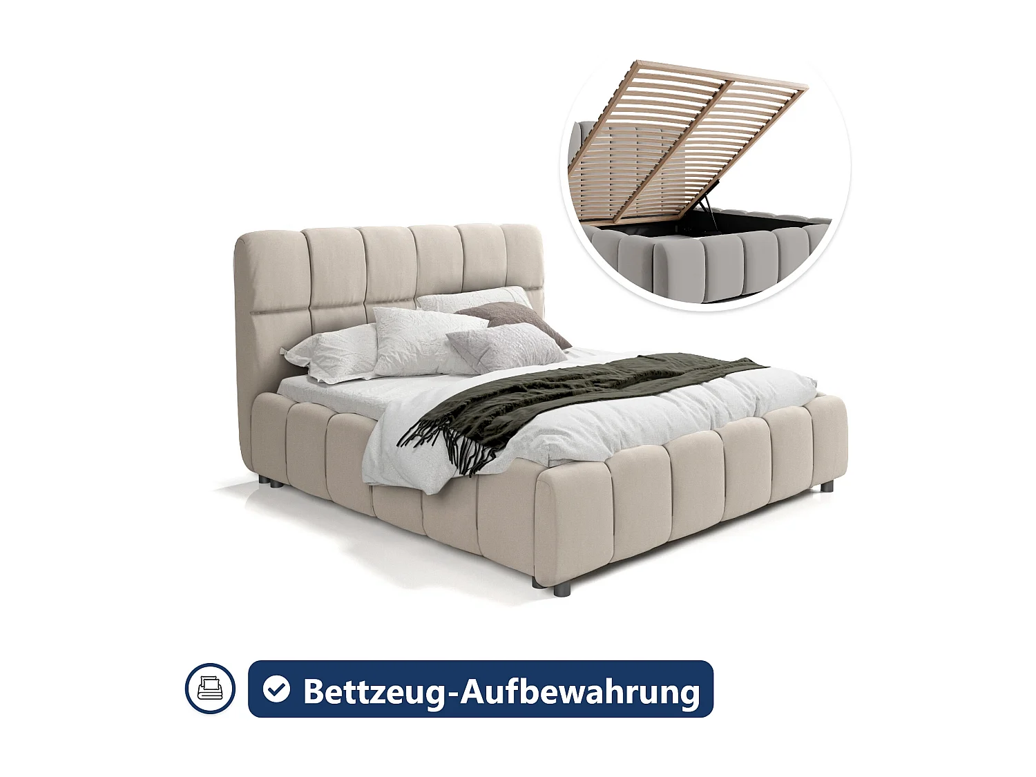 LIT TAPISSÉ avec coffre de lit Hamina 140x200 cm, crème (Monolith 04)