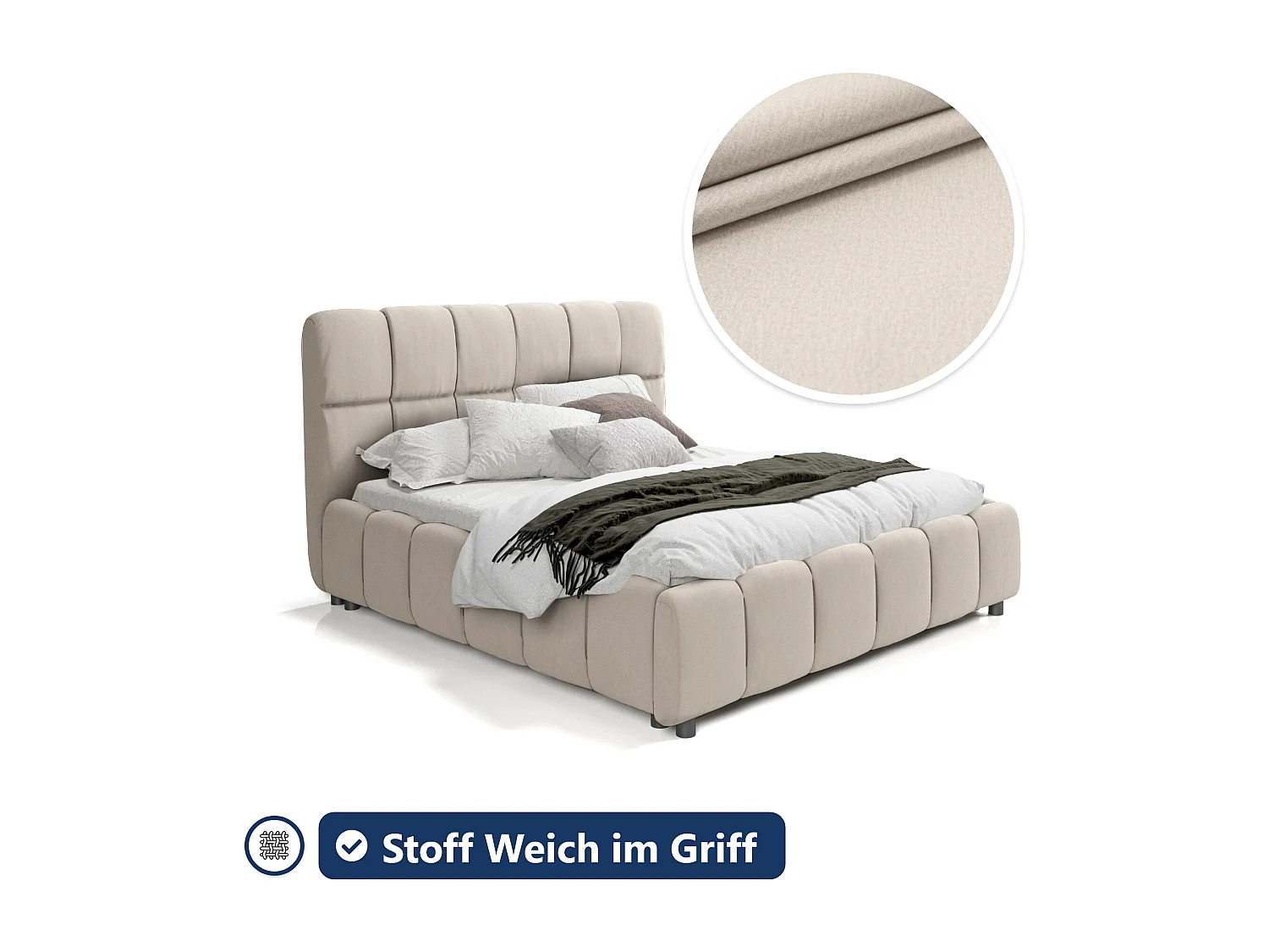 LIT TAPISSÉ avec coffre de lit Hamina 140x200 cm, crème (Monolith 04)