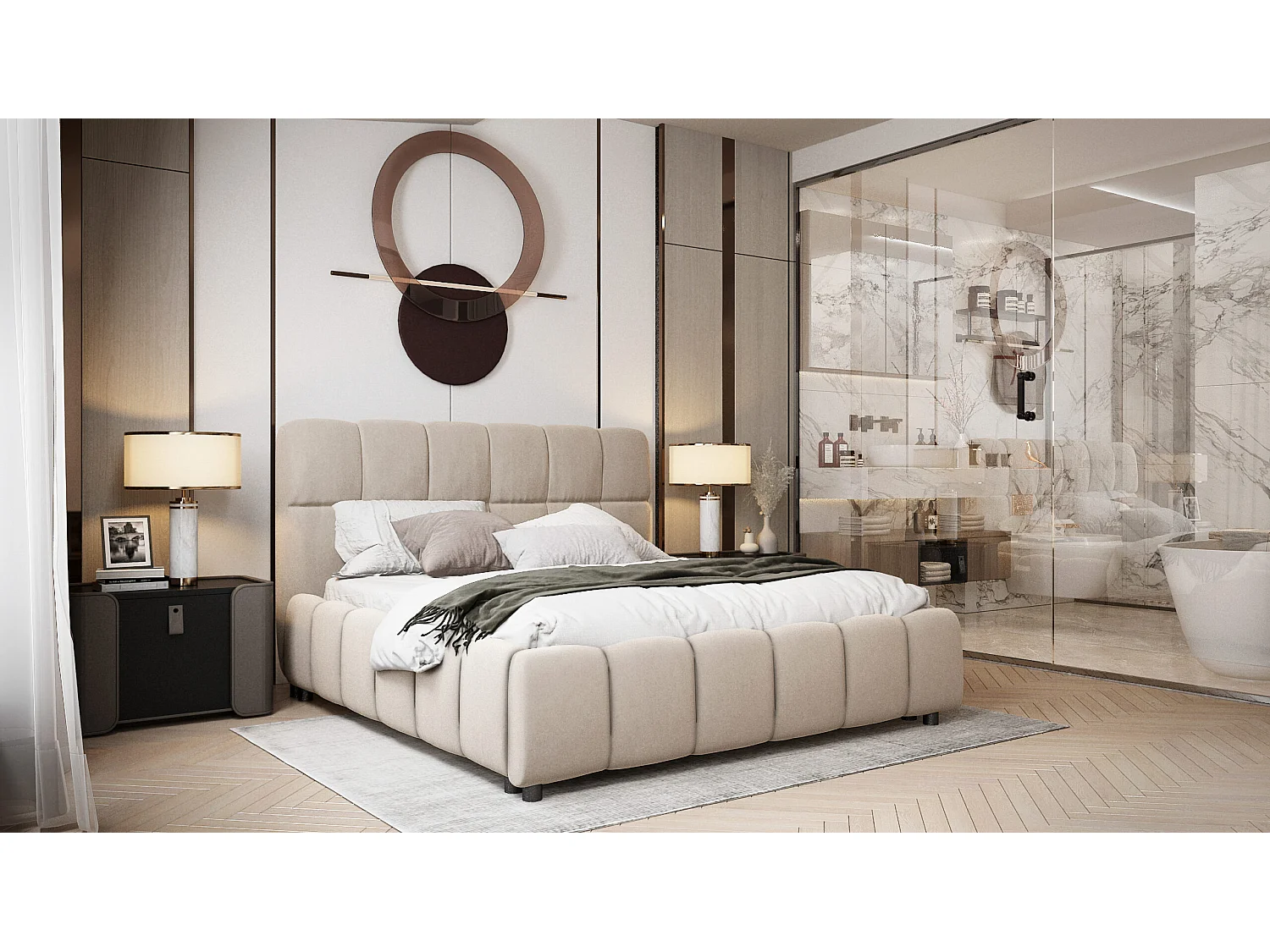 LIT TAPISSÉ avec coffre de lit Hamina 140x200 cm, crème (Monolith 04)