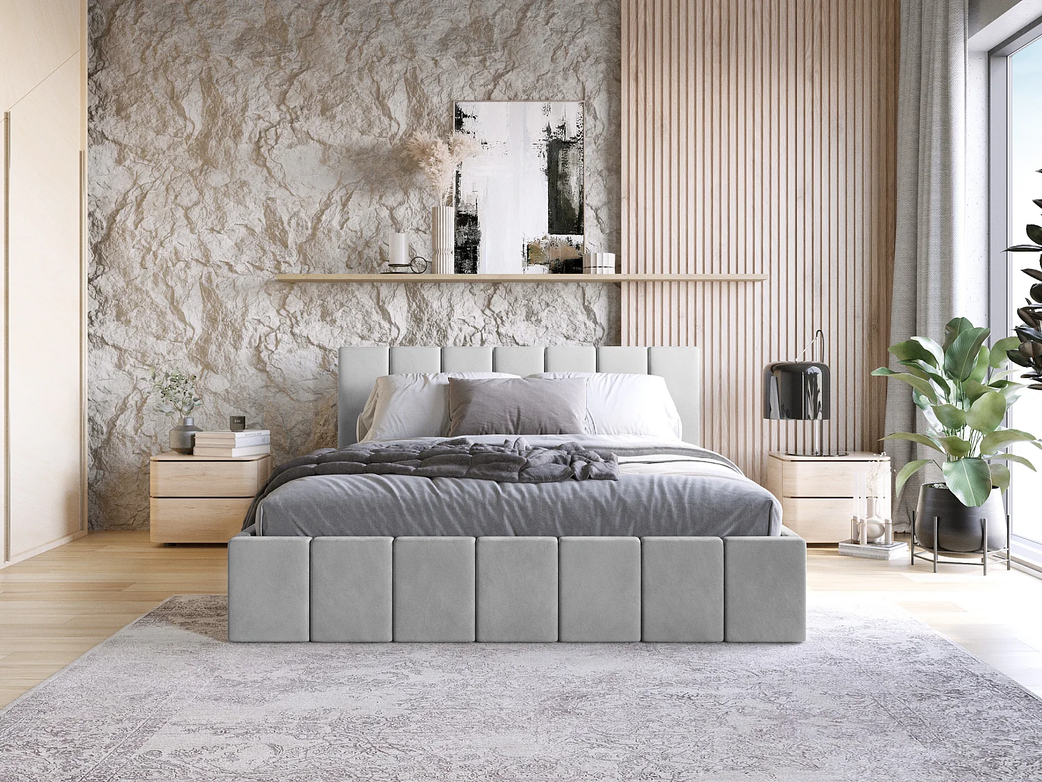 LIT TAPISSÉ Tissu Velvet Karpela 160x200 cm, Gris clair