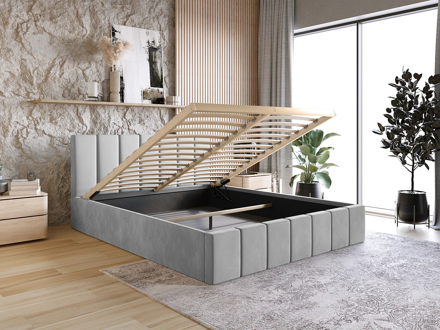 LIT TAPISSÉ Tissu Velvet Karpela 160x200 cm, Gris clair