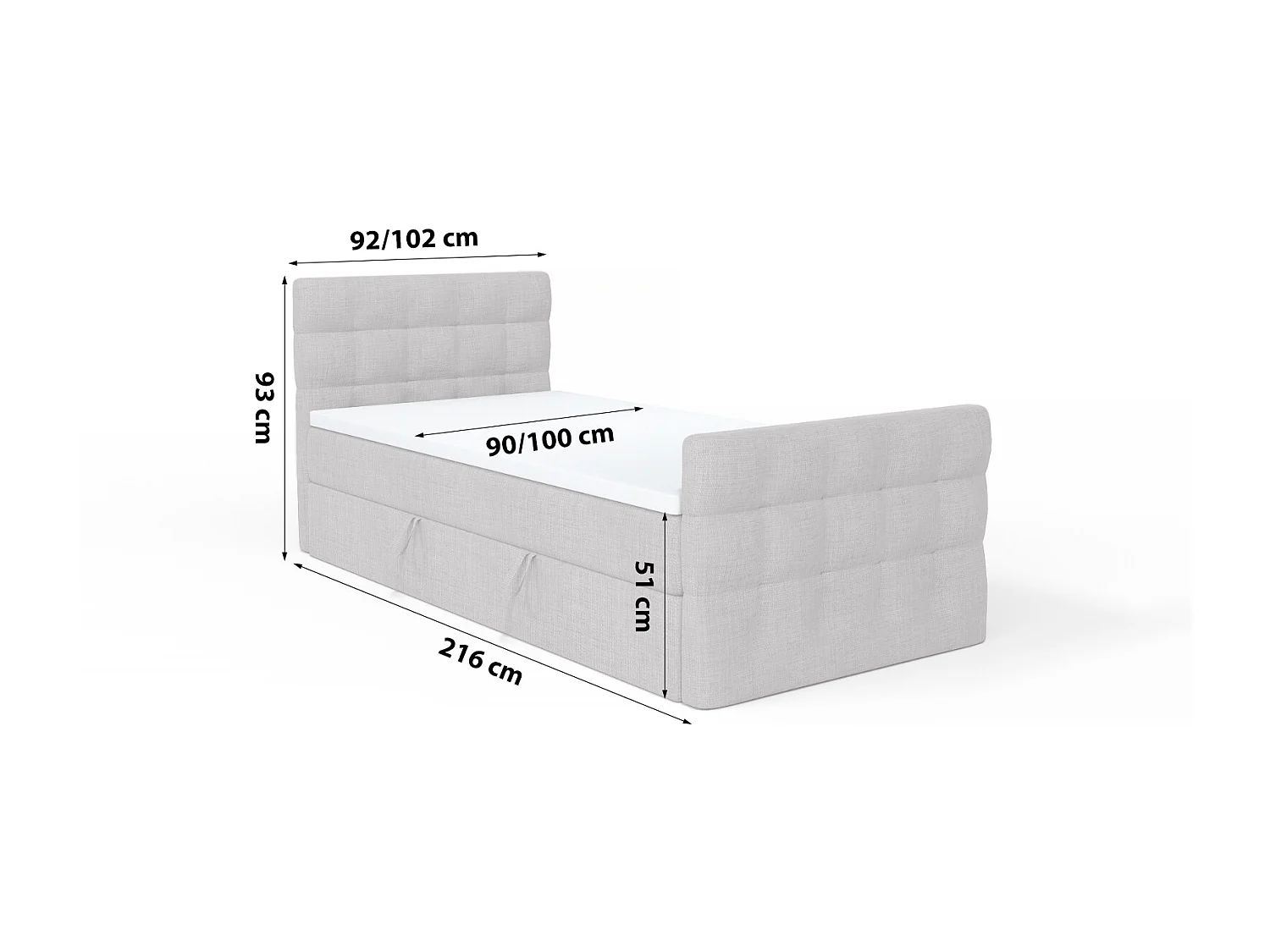 LIT BOXSPRING avec coffre de lit et surmatelas Loures Lux Mini côté gauche 100x200 cm, gris (soro 90)