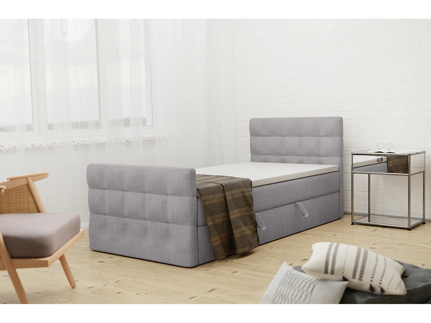 LIT BOXSPRING avec coffre de lit et surmatelas Loures Lux Mini côté droit 100x200 cm, gris (soro 90)
