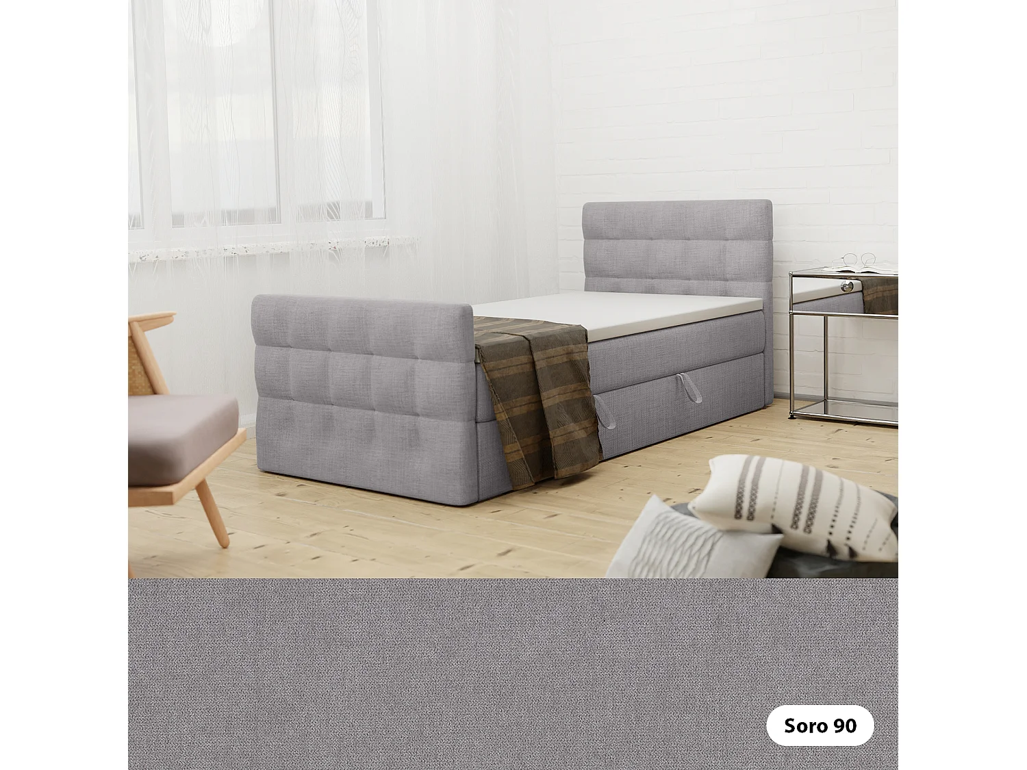 LIT BOXSPRING avec coffre de lit et surmatelas Loures Lux Mini côté droit 100x200 cm, gris (soro 90)
