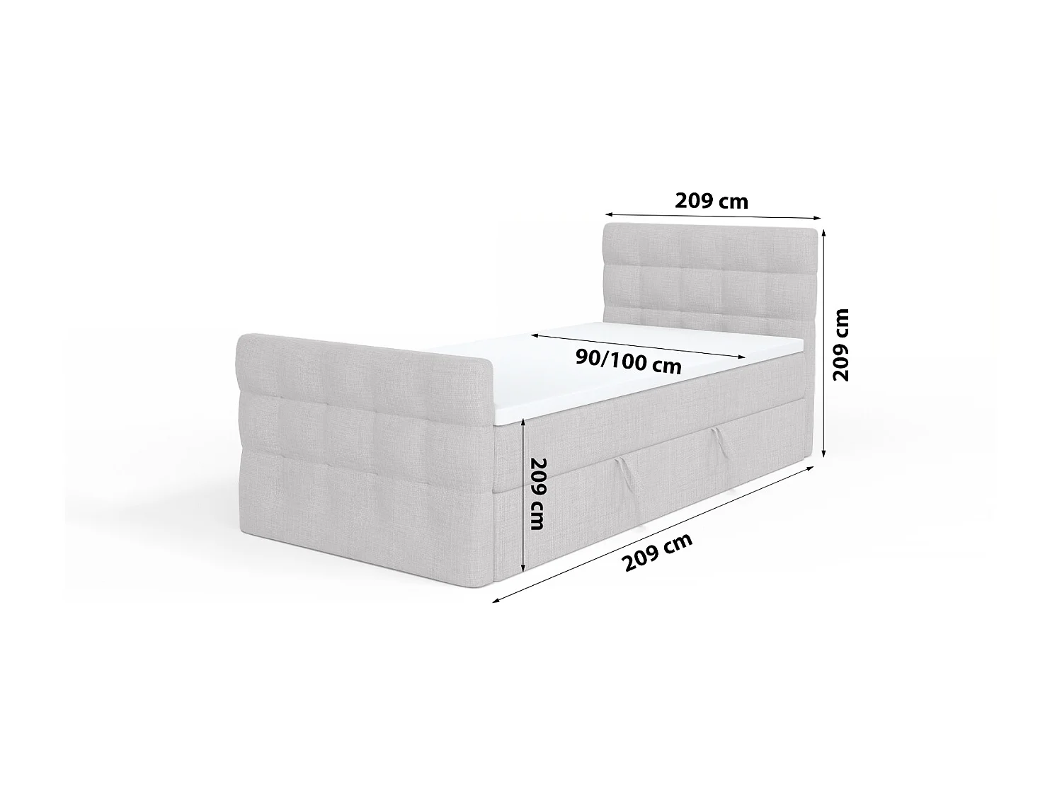 LIT BOXSPRING avec coffre de lit et surmatelas Loures Lux Mini côté droit 100x200 cm, gris (soro 90)