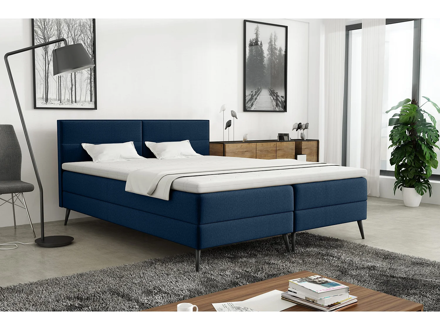 LIT BOXSPRING avec surmatelas Tomar 200x200 cm, Monolith 77 (Bleu foncé)