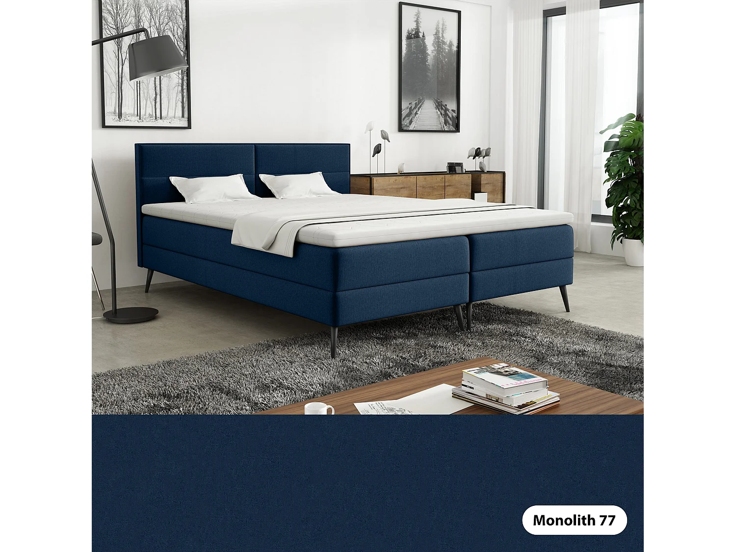 LIT BOXSPRING avec surmatelas Tomar 200x200 cm, Monolith 77 (Bleu foncé)