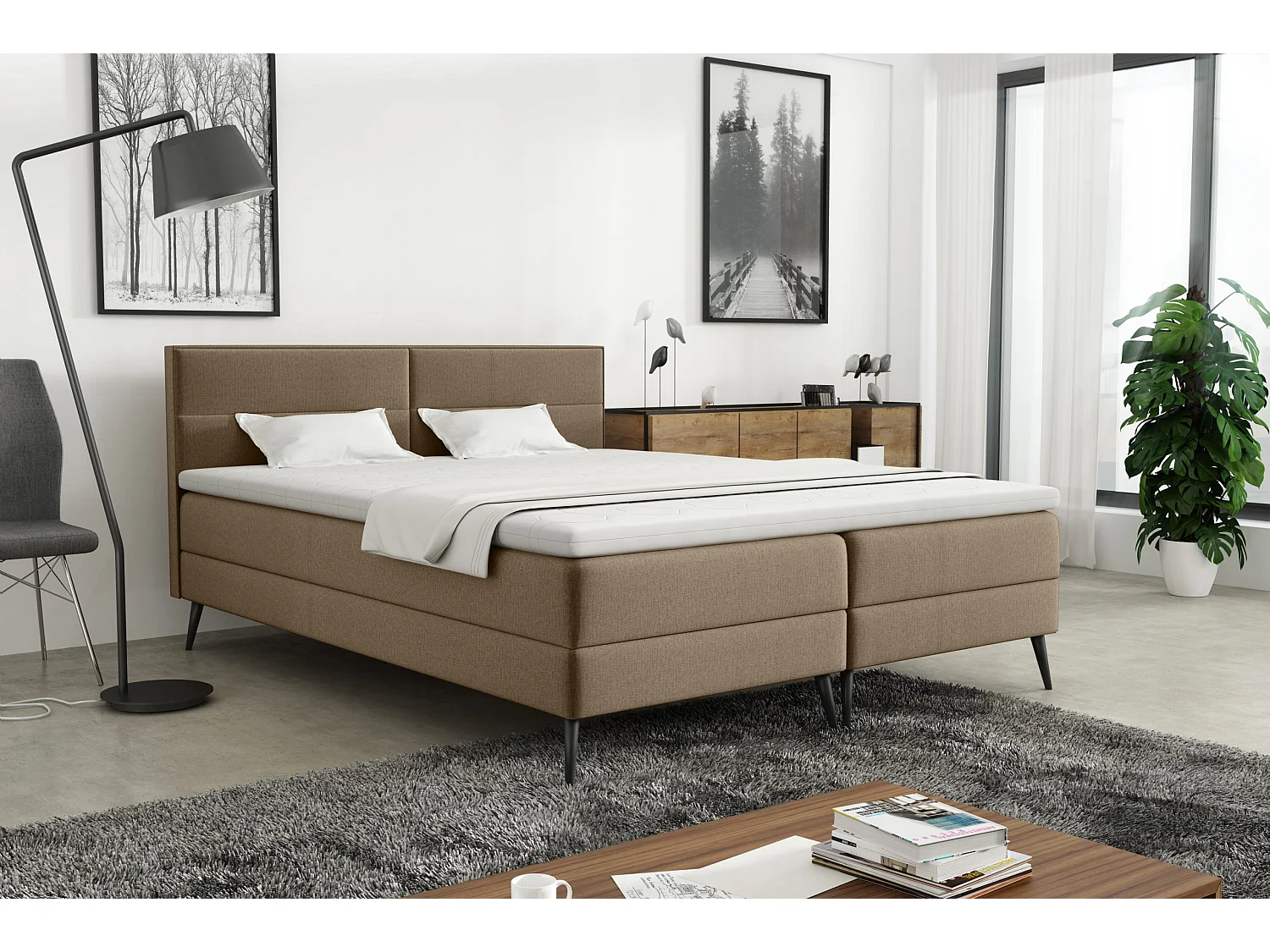 LIT BOXSPRING avec surmatelas Tomar 140x200 cm, Monolith 9 (Brun clair)
