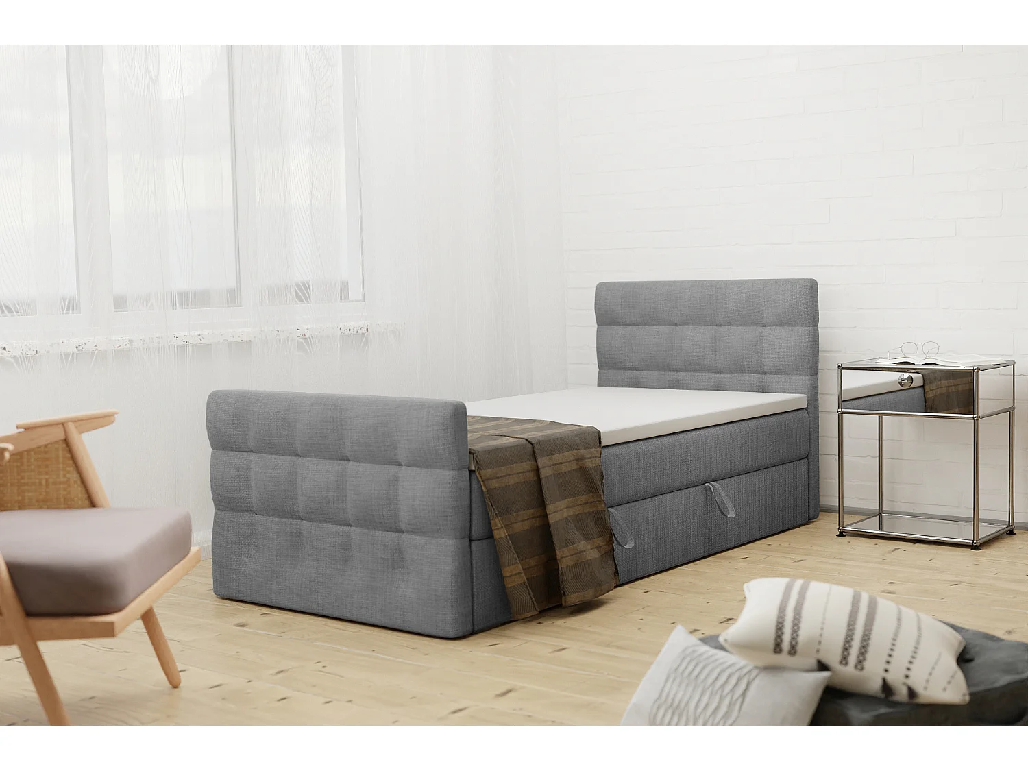LIT BOXSPRING avec coffre de lit et surmatelas Loures Lux Mini côté droit 90x200 cm, gris foncé (soro 93)