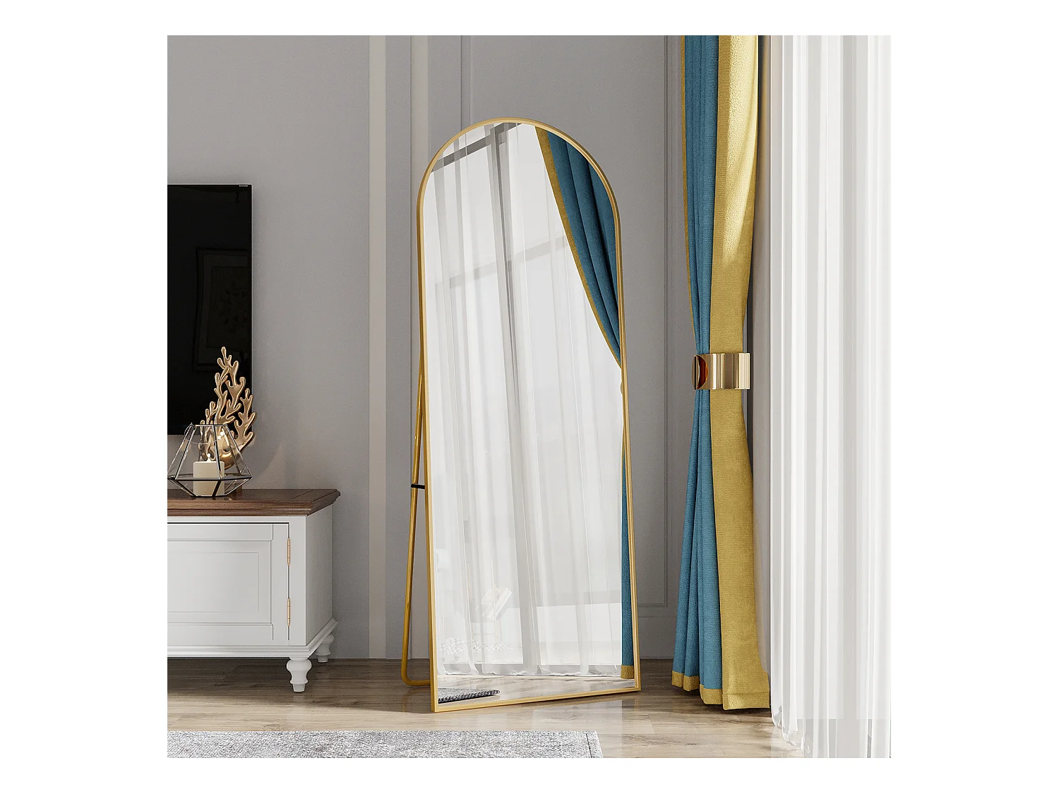 Miroir de maquillage en verre trempé, miroir sur pied, cadre en alliage d'aluminium 162*53 cm, doré