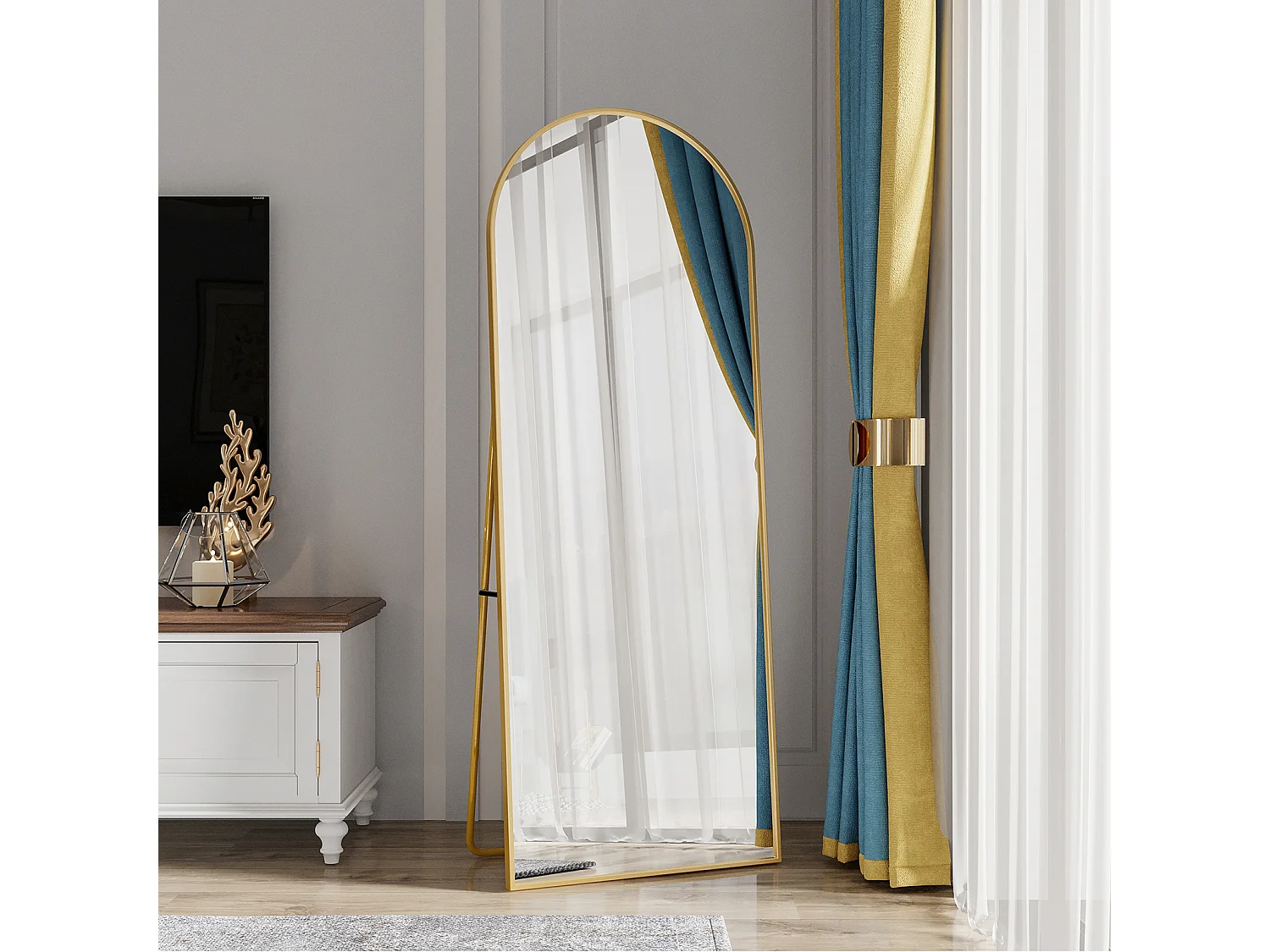 Miroir de maquillage en verre trempé, miroir sur pied, cadre en alliage d'aluminium 162*53 cm, doré