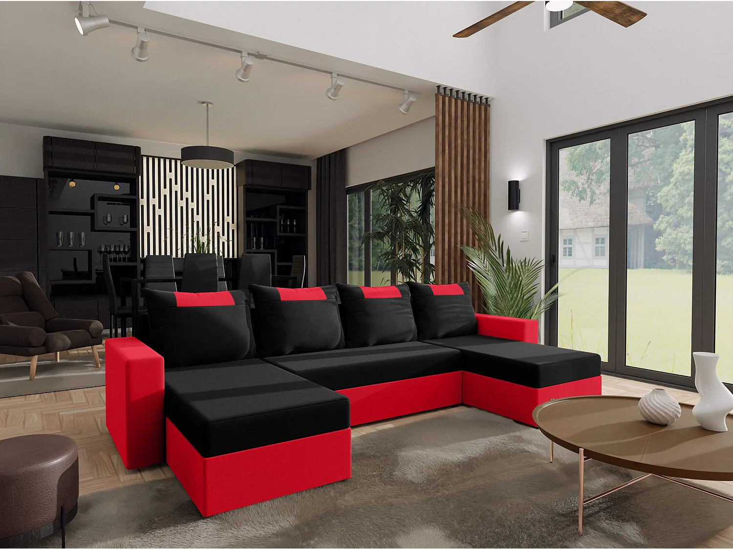 CANAPÉ PANORAMIQUE avec fonction de couchage Susanne jusqu’à 8 places, Noir+Rouge