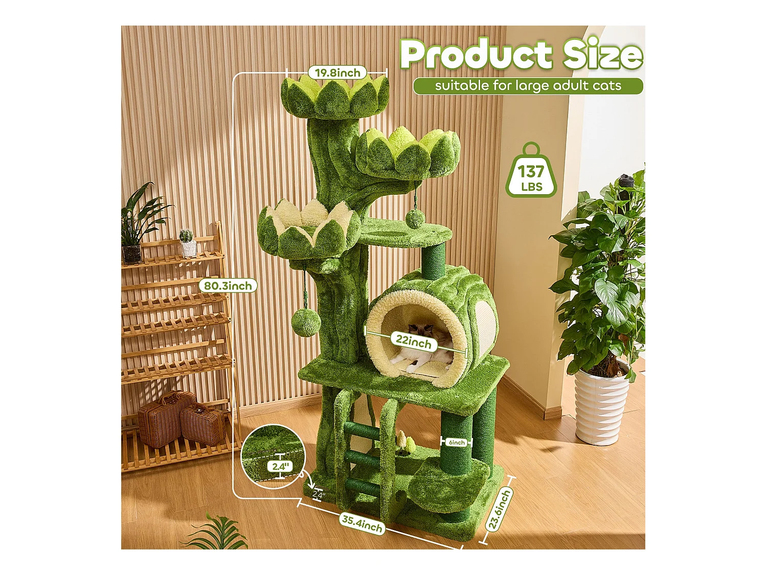 Arbre à chat en bois massif, d89.9cm×h205.9cm, vert