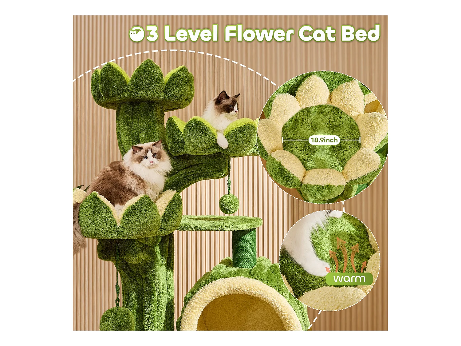 Arbre à chat en bois massif, d89.9cm×h205.9cm, vert