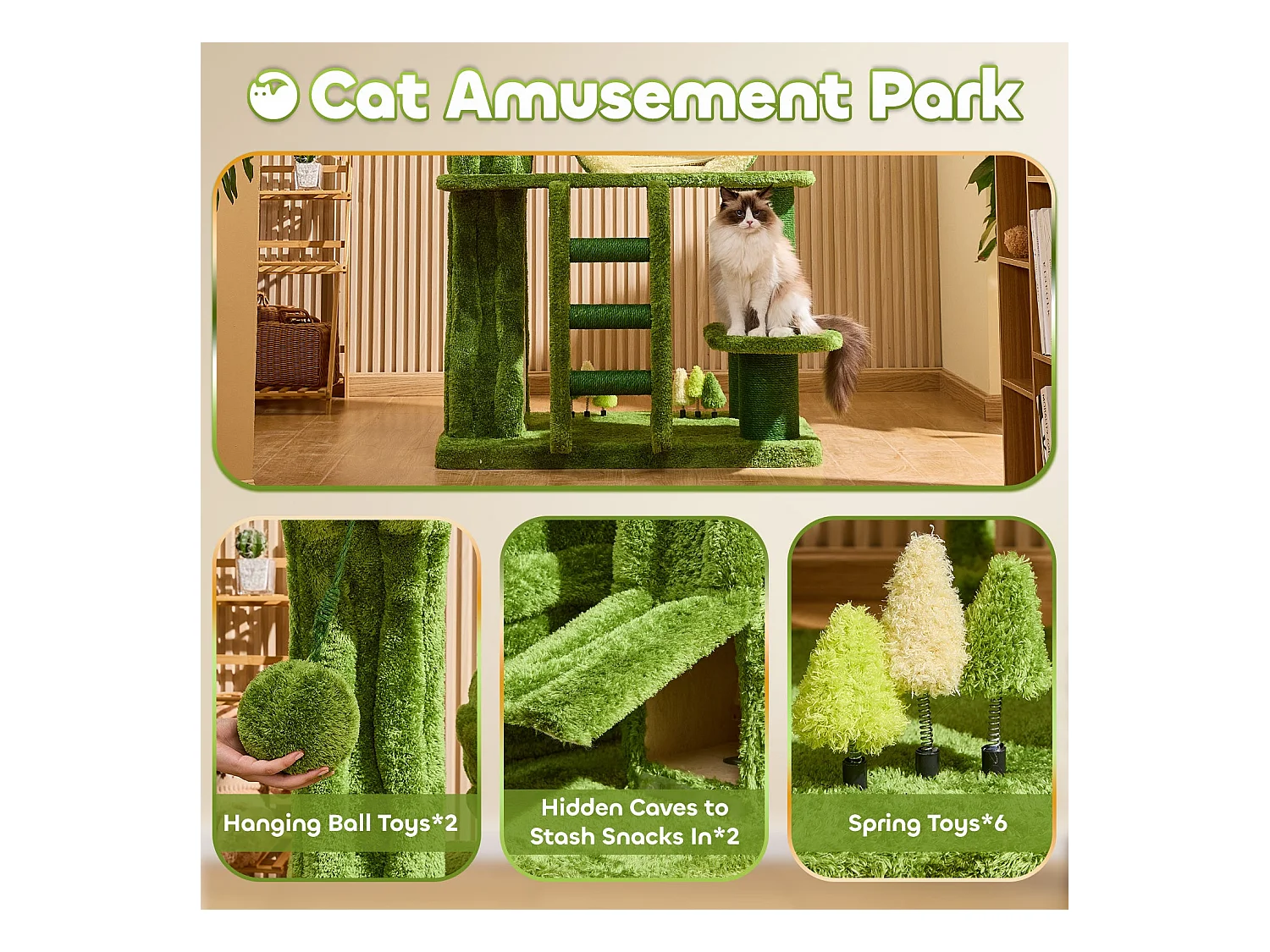 Arbre à chat en bois massif, d89.9cm×h205.9cm, vert