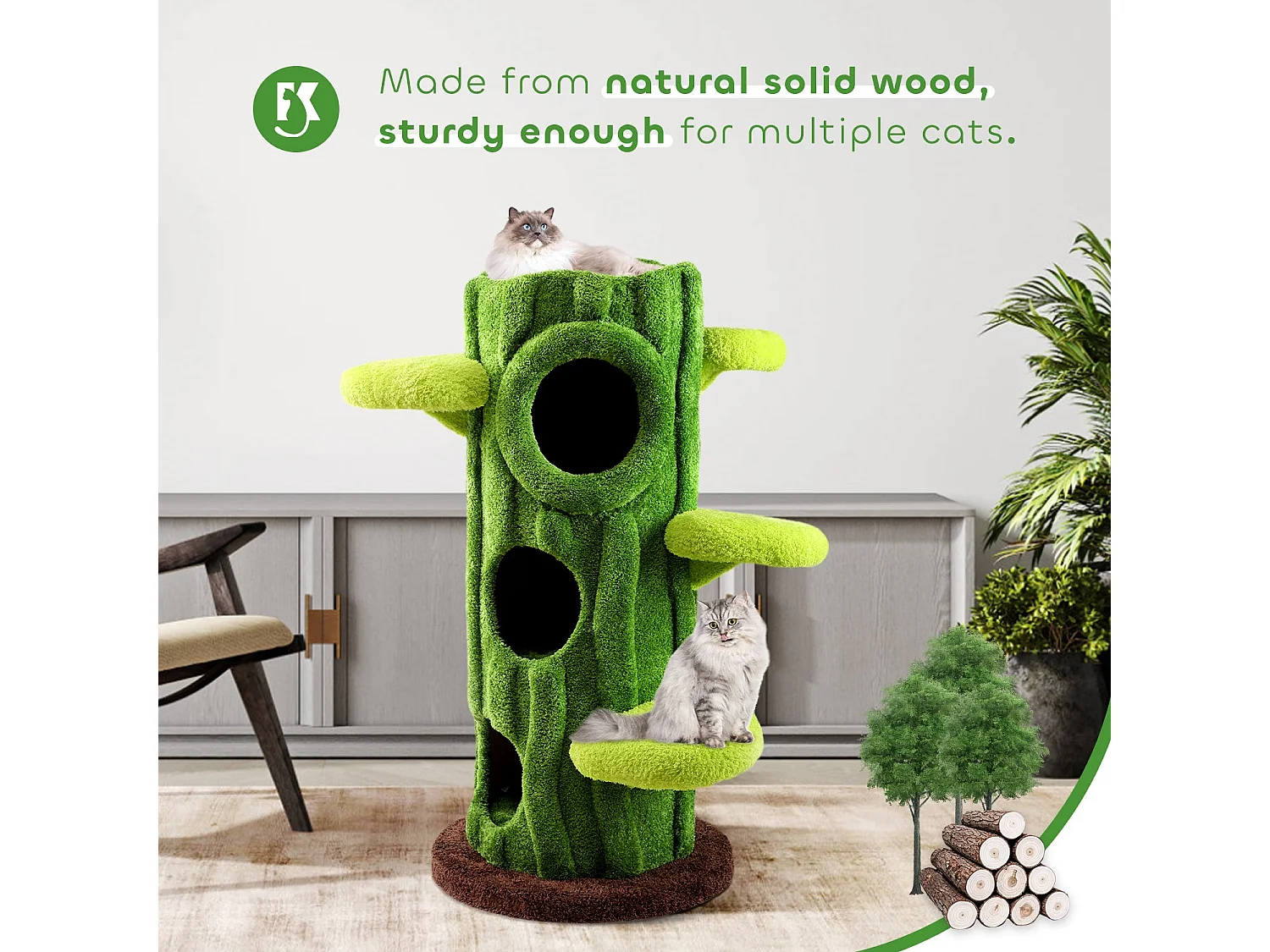 Arbre à chat en bois massif, d60cm×h120cm, vert