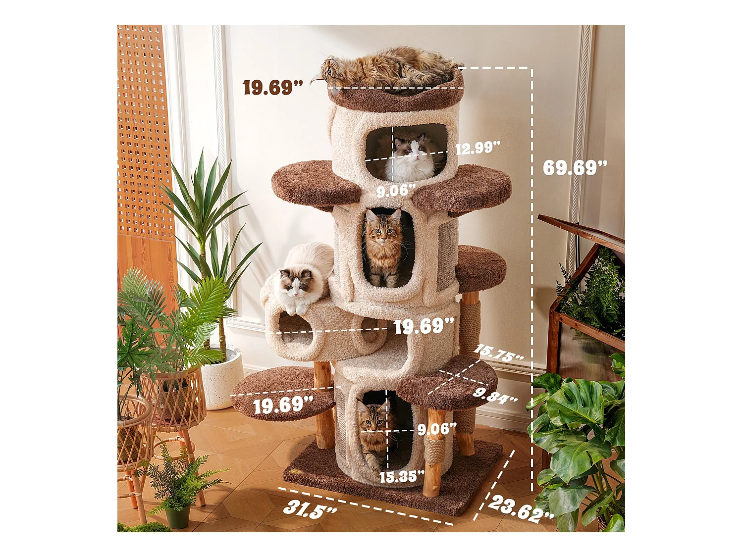 Arbre à chat en bois massif, d80cm×h176cm, beige