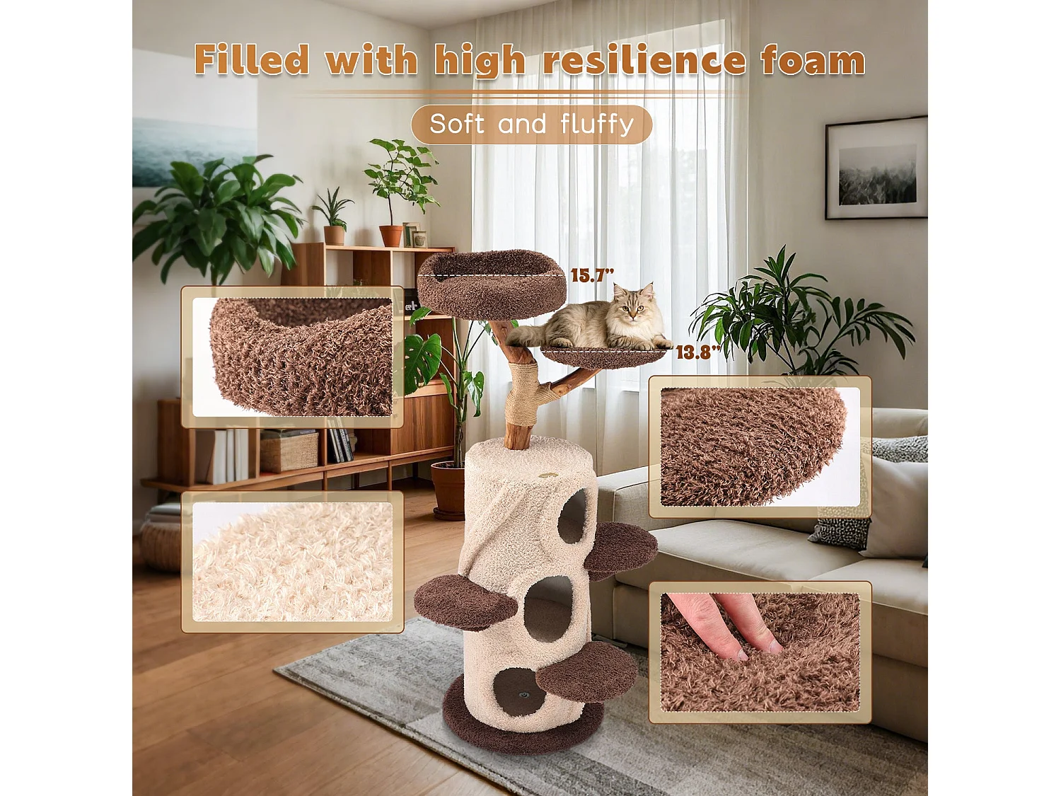Arbre à chat en bois massif, d48cm×h140cm, marron