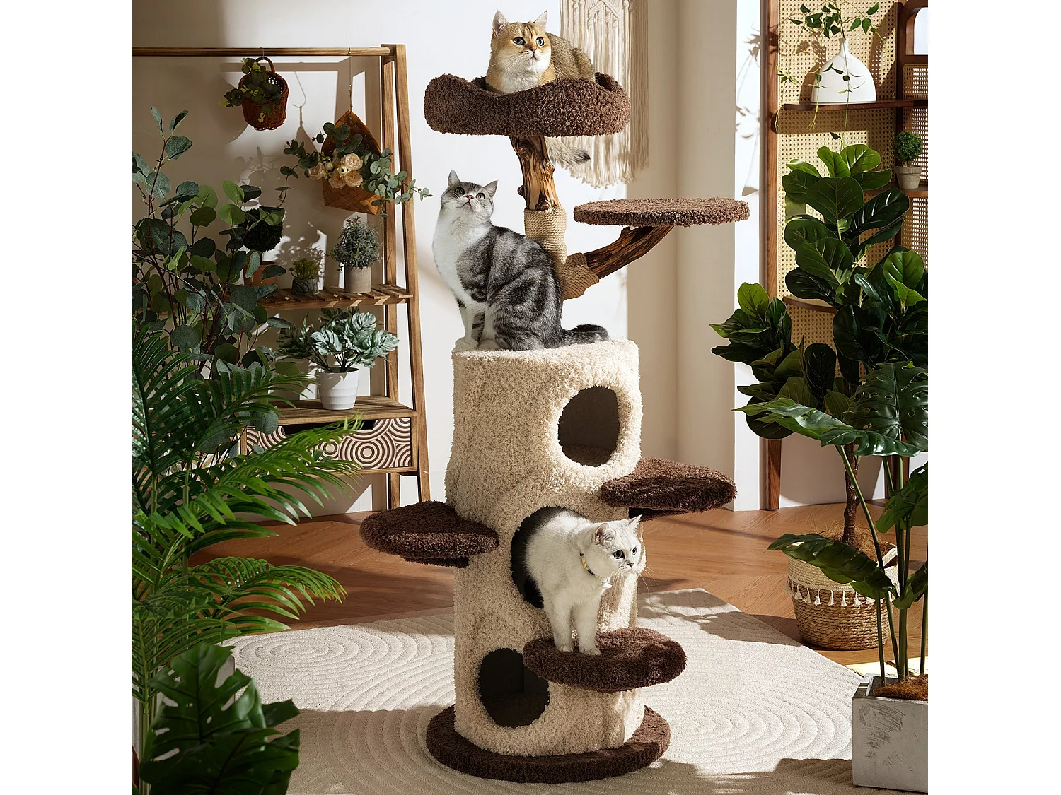 Arbre à chat en bois massif, d48cm×h140cm, marron