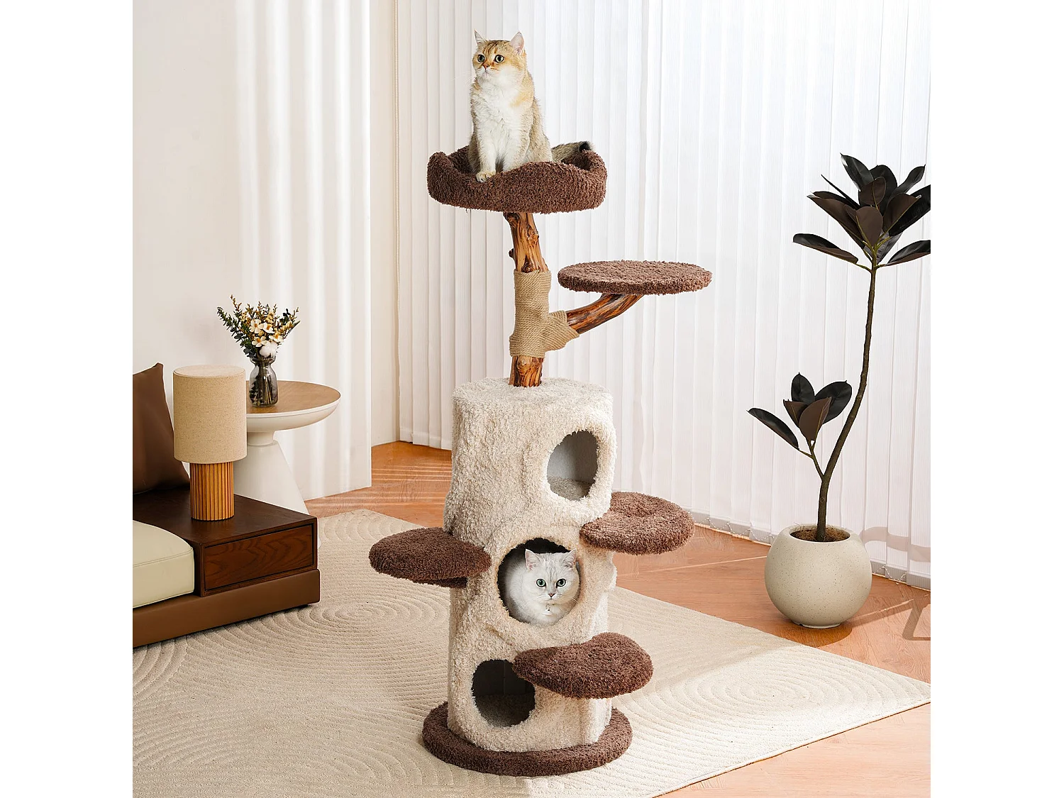Arbre à chat en bois massif, d48cm×h140cm, marron