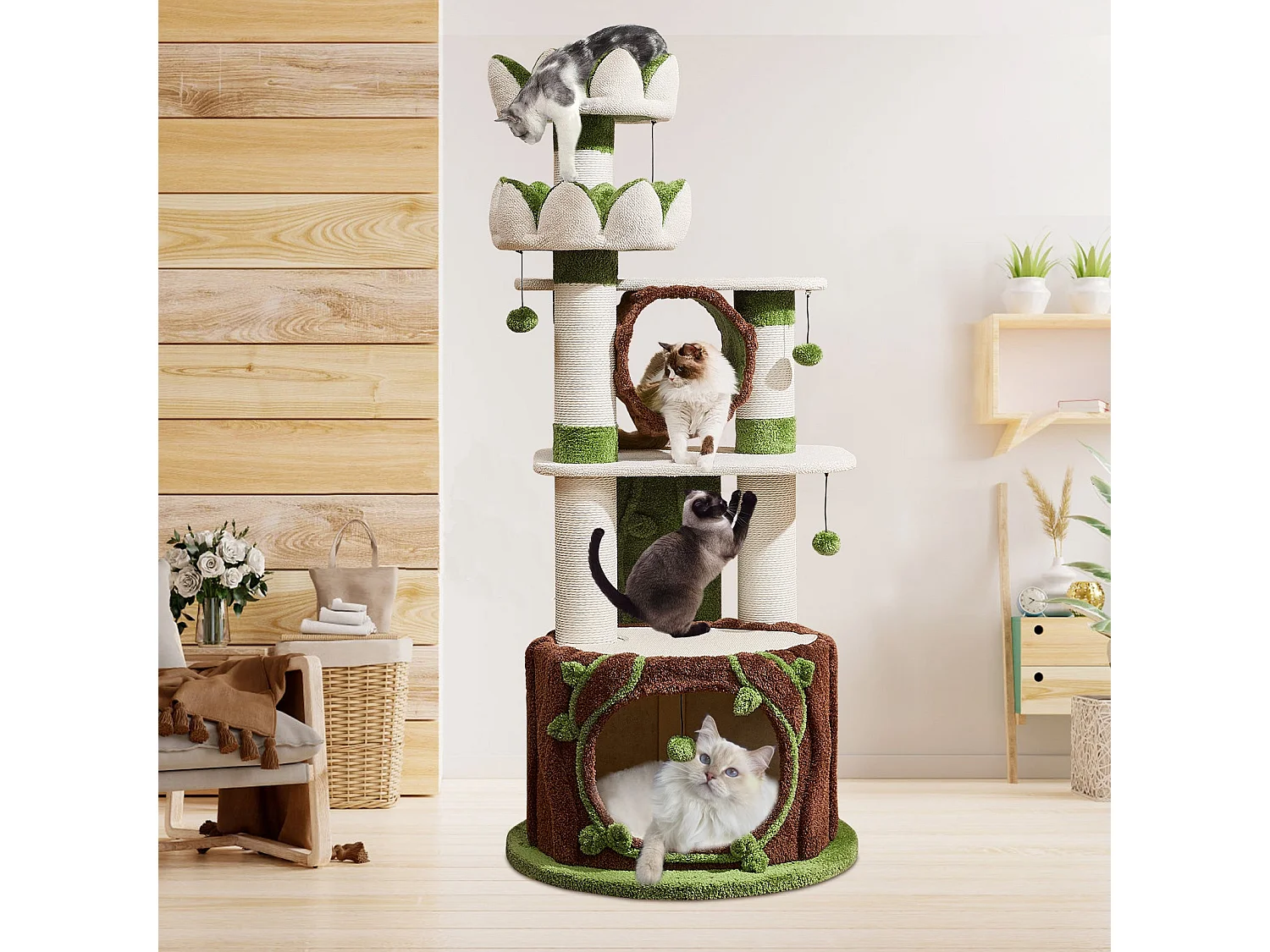 Arbre à chat en bois massif, d80cm×h185cm, blanc