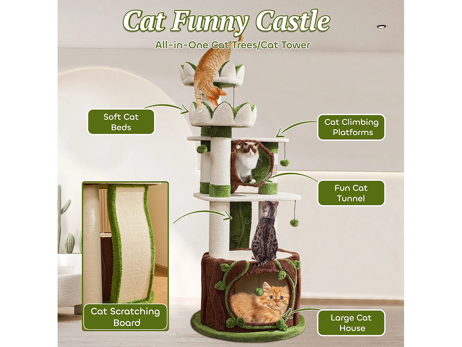 Arbre à chat en bois massif, d80cm×h185cm, blanc