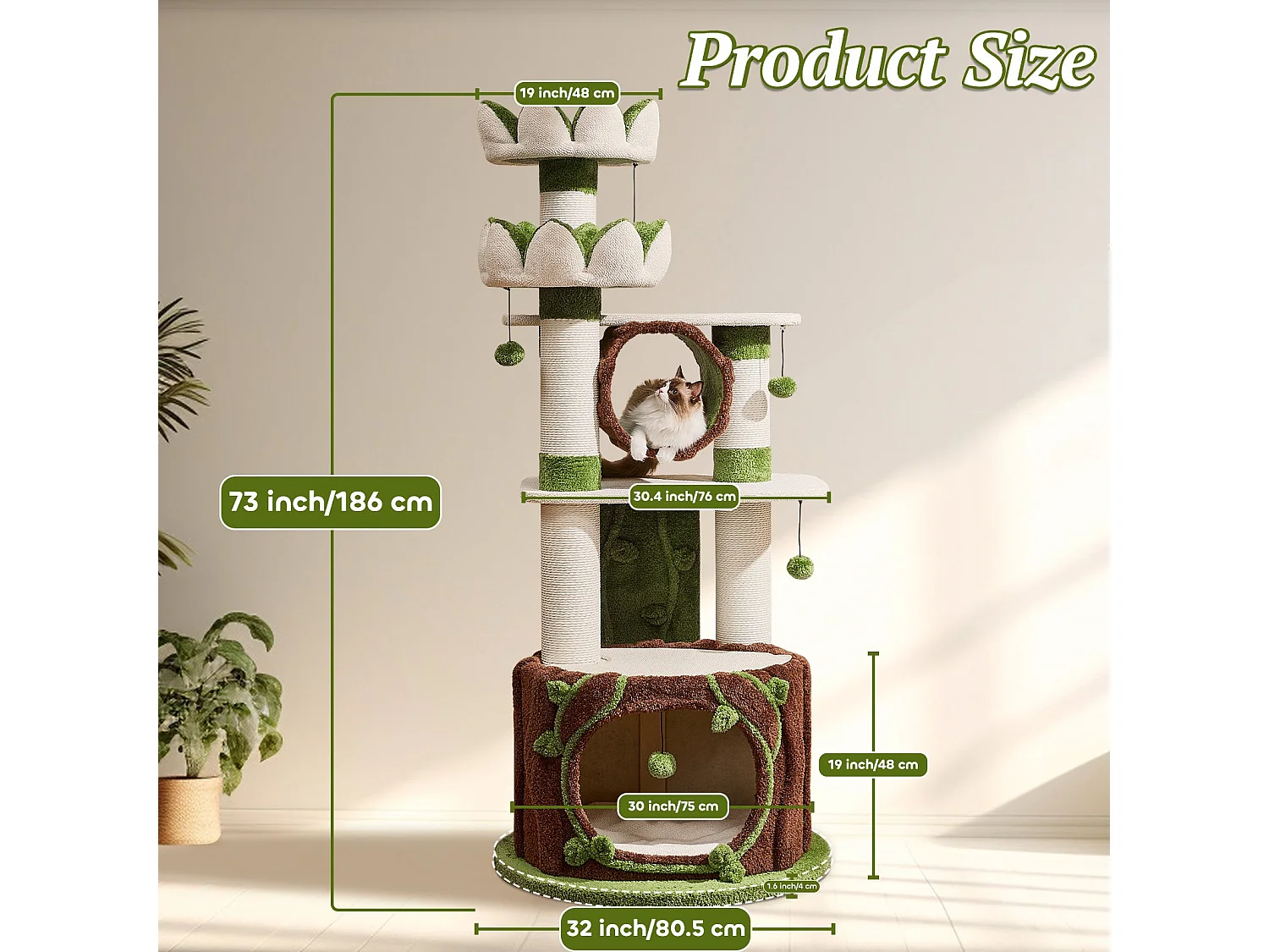 Arbre à chat en bois massif, d80cm×h185cm, blanc