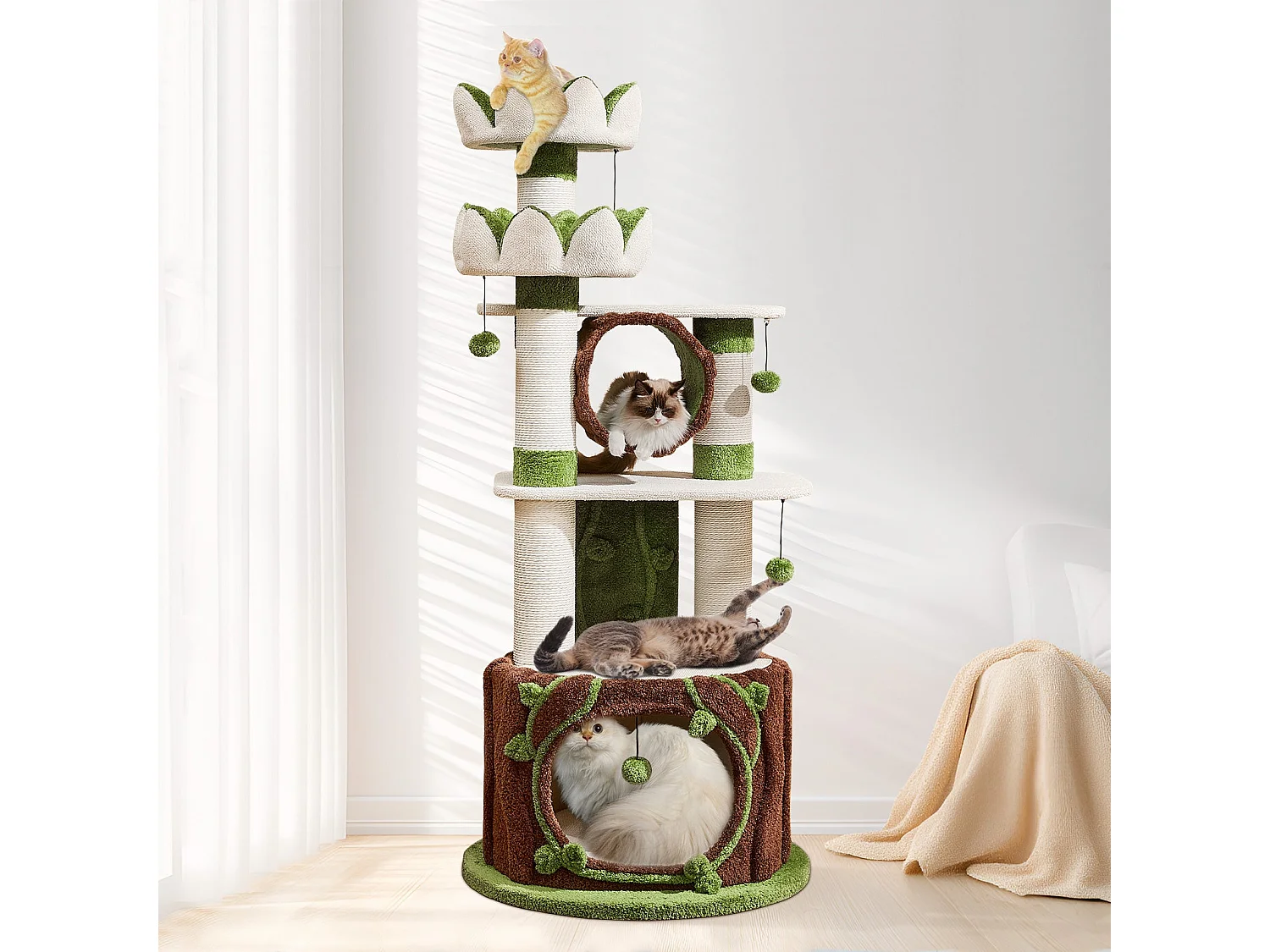 Arbre à chat en bois massif, d80cm×h185cm, blanc