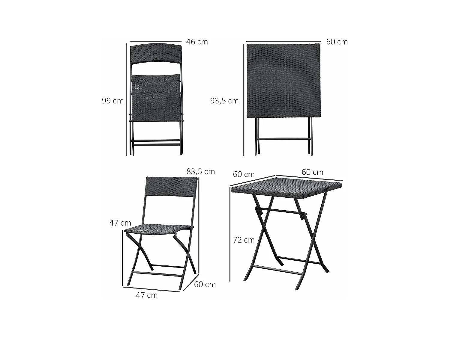 Ensemble de chaises de salle à manger d'extérieur en rotin, d60cm×h72cm, marron