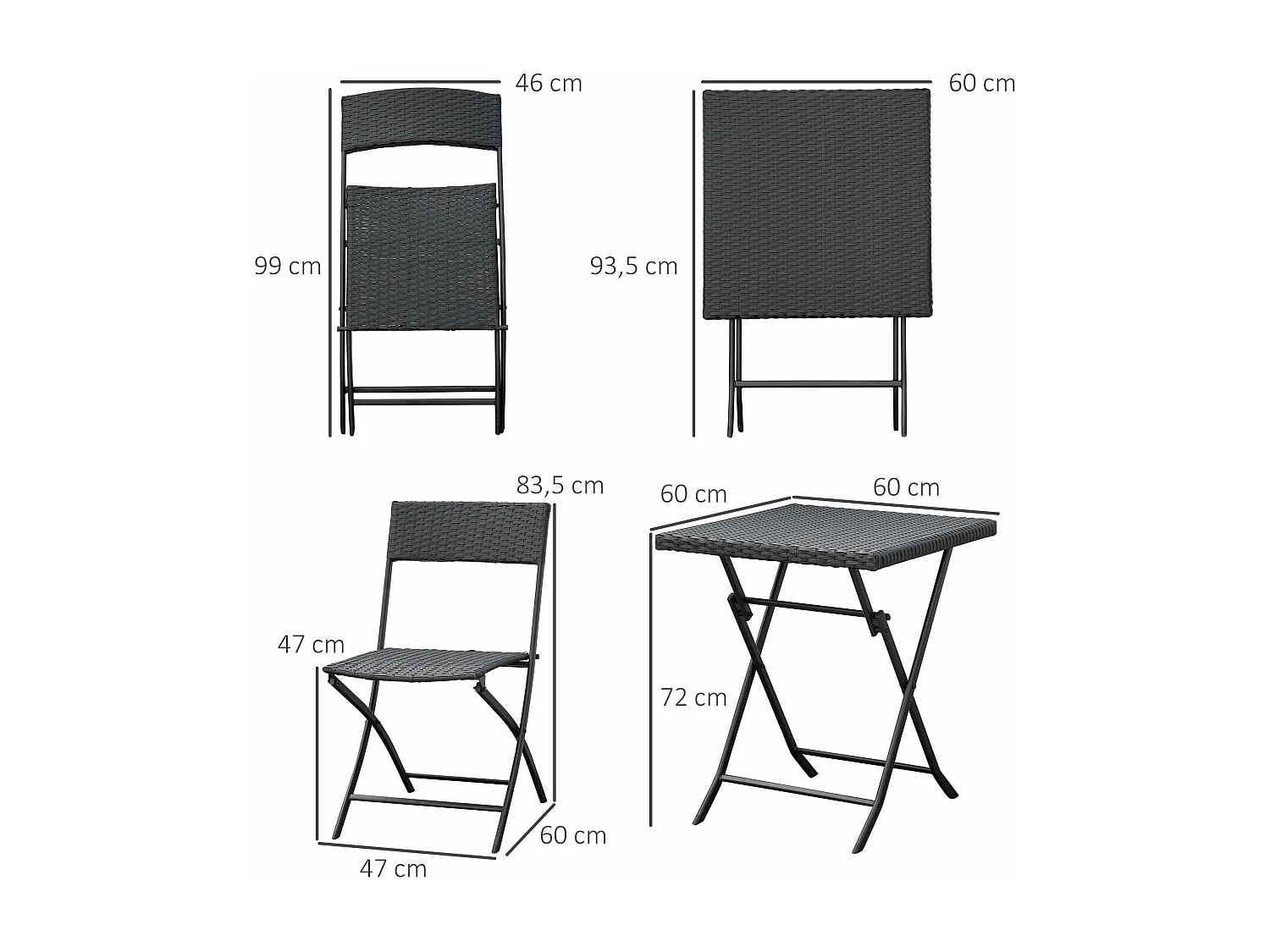 Ensemble de chaises de salle à manger d'extérieur en rotin, d60cm×h72cm, marron