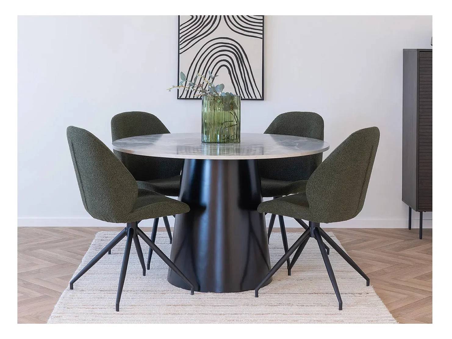 Table à manger ronde BRITO Ø120 – Effet marbre & métal noir