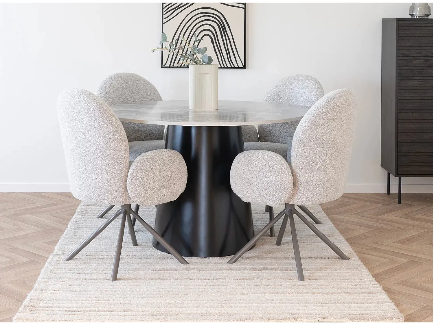 Table à manger ronde BRITO Ø120 – Effet marbre & métal noir