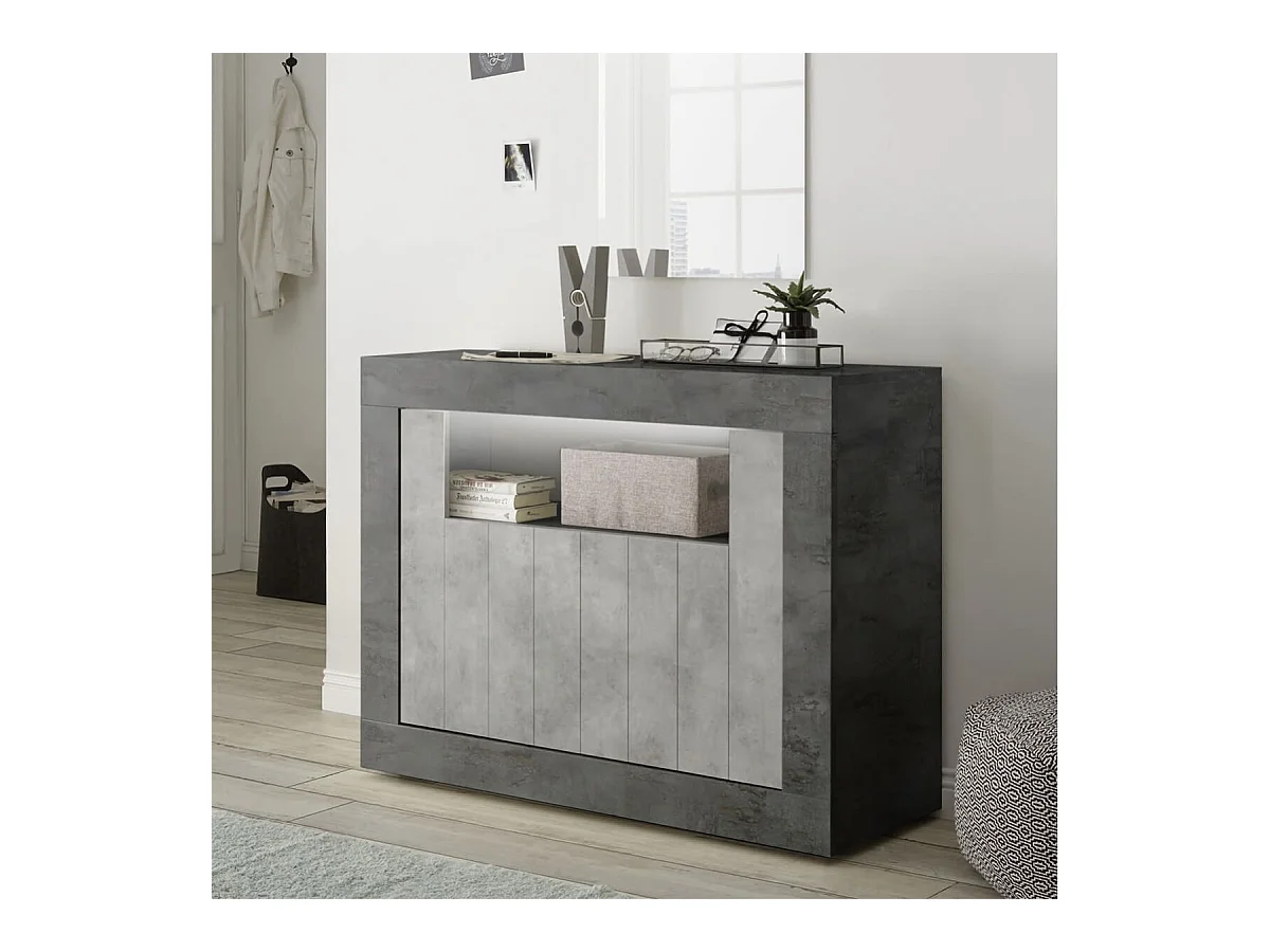 Buffet 2 portes 1 niche gris aspect Cimento et Oxyde - PAOLINO