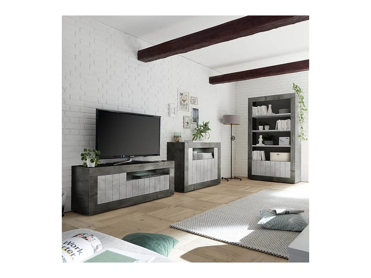 Buffet 2 portes 1 niche gris aspect Cimento et Oxyde - PAOLINO