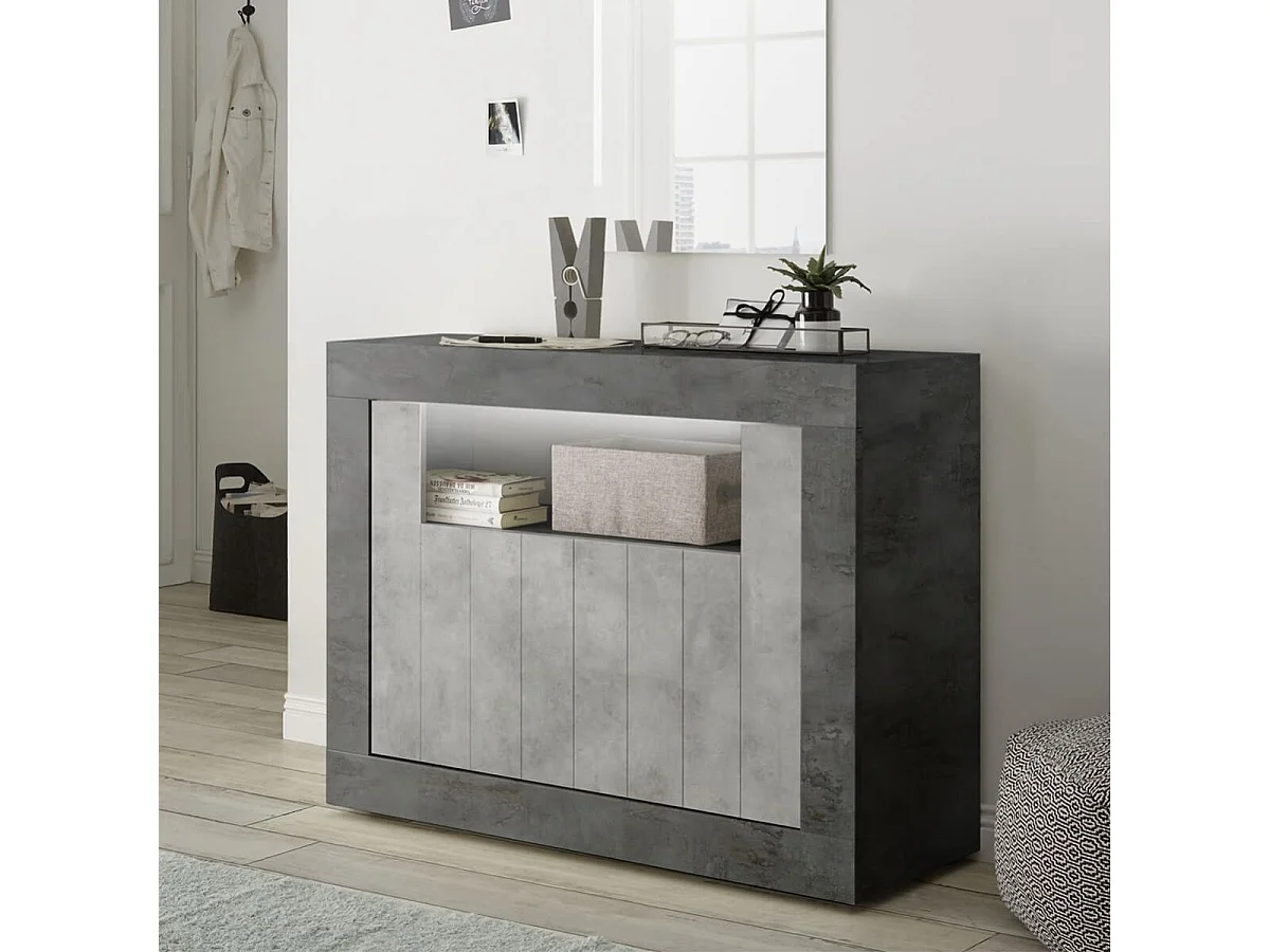 Buffet 2 portes 1 niche gris aspect Cimento et Oxyde - PAOLINO