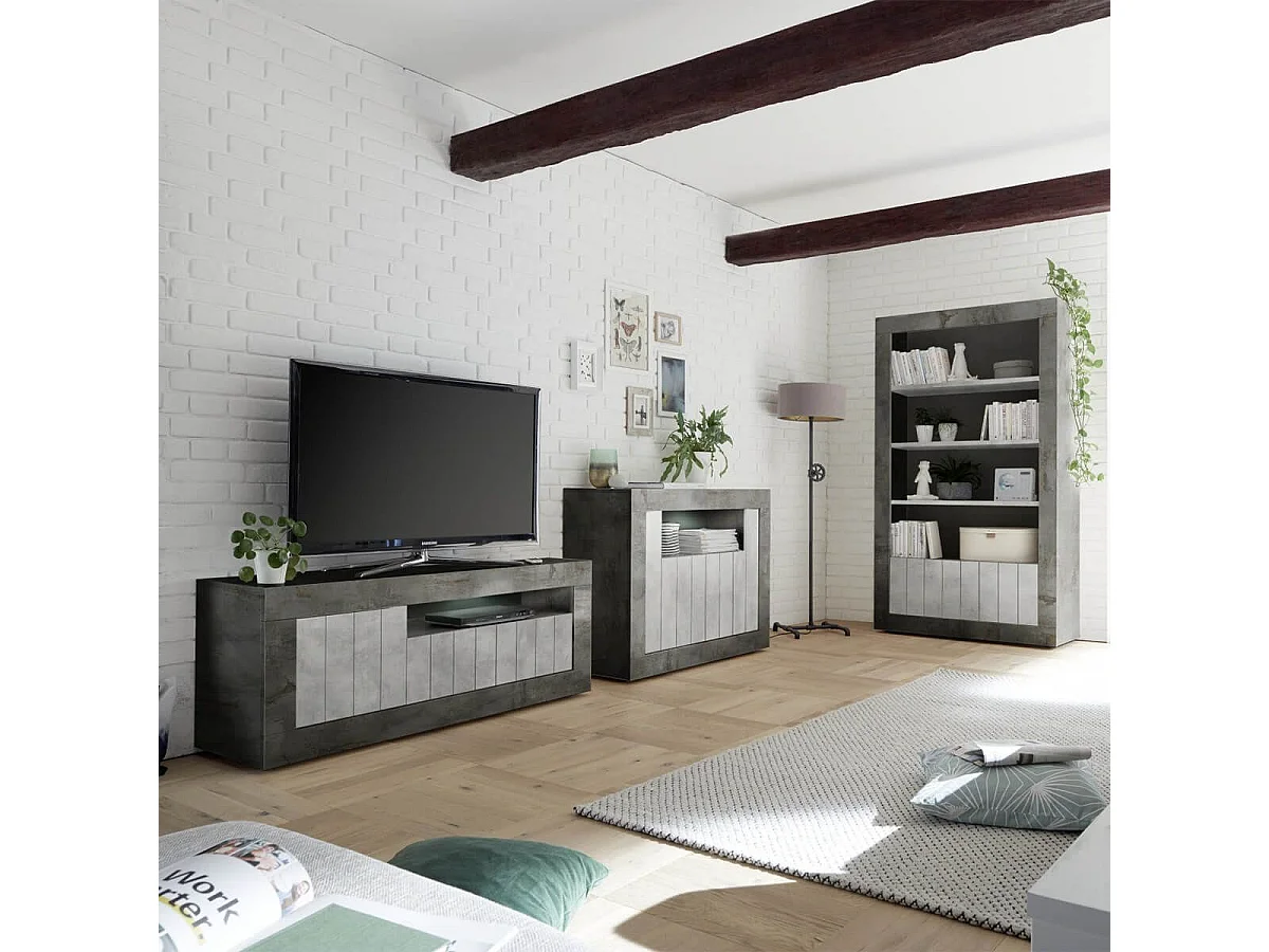 Buffet 2 portes 1 niche gris aspect Cimento et Oxyde - PAOLINO